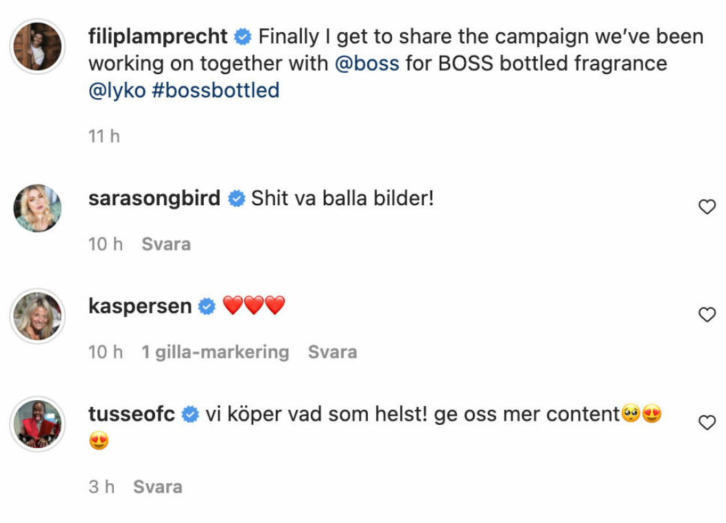 Skärmdump på kommentarerna under Filip Lamprechts instagrambild. Skärmdump på kommentarerna under Filip Lamprechts instagrambild.