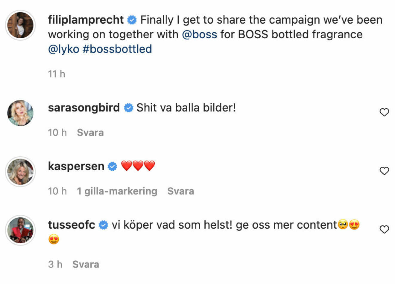 Skärmdump på kommentarerna under Filip Lamprechts instagrambild.