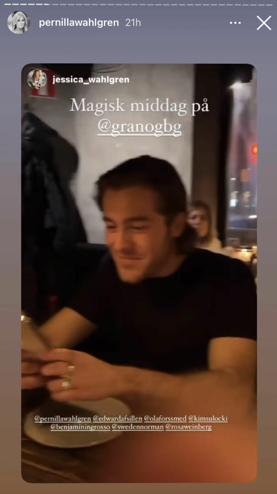 Skärmdump på Pernilla Wahlgrens Instagram story. Hon har delat ett inlägg av före detta svägerskan Jessica Wahlgren. Skärmdump på Pernilla Wahlgrens Instagram story. Hon har delat ett inlägg av före detta svägerskan Jessica Wahlgren.