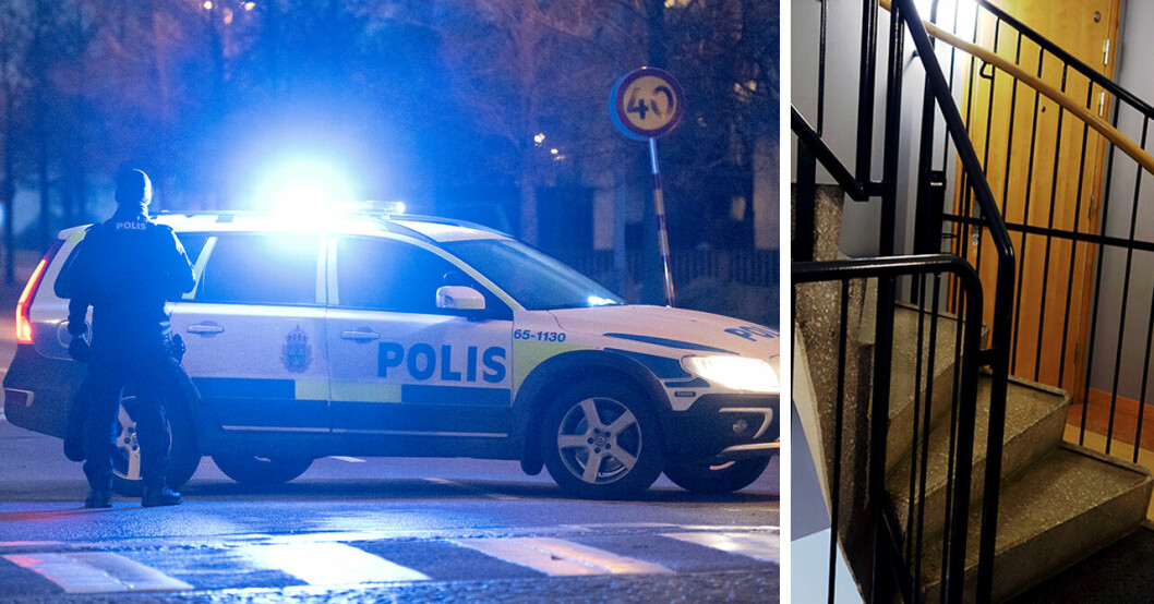En polisbil med en polis utanför samt en dörr i ett trapphus med en trappa i förgrunden.