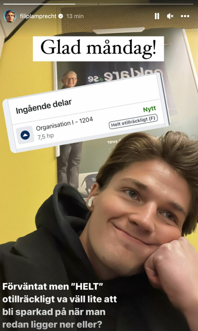 <em>FOTO: Skärmdump från Filip Lamprecht Instagaram story</em>