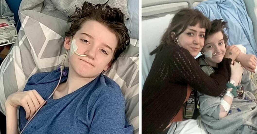 Alfie Scriven i sin sjukhussäng och till höger håller mamma Hannah Walton om Alfie