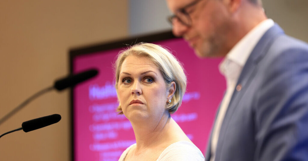 Socialdemokraternas gruppledare Lena Hallengren och finanspolitiska talesperson Mikael Damberg håller pressträff med anledning av det avslutade riksdagsåret. S: Regeringens första är ett förlorat år