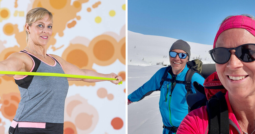 Sofia Åhman tillsammans med maken Fredrik. “En bild från Hemavan och en av våra skidturer där. Vi har en stuga där”, säger Sofia Åhman. <strong>Foto: TT & Privat.</strong> Sommargympa-Sofia Åhman med maken Fredrik.