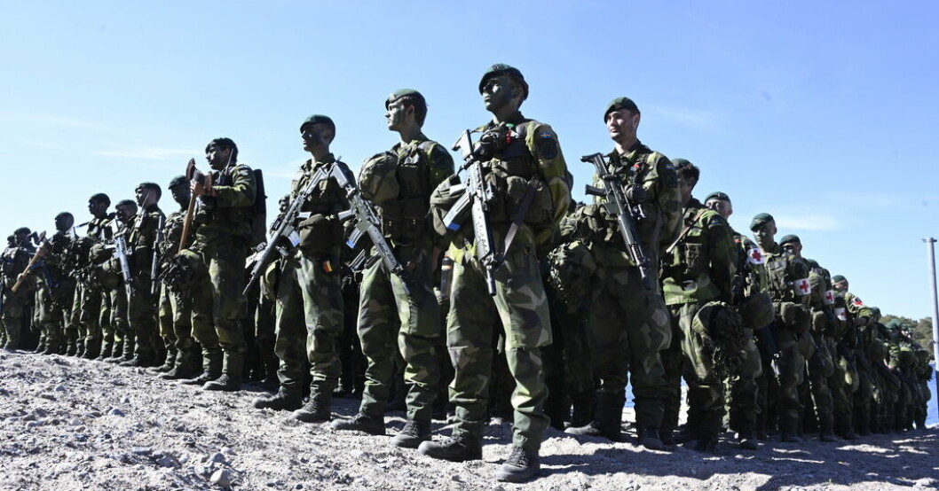 Soldater ur 5:e amfibiebataljonen står uppställda under militärövningen Aurora 23. Arkivbild. Försvaret ser risker med utdraget Natobesked