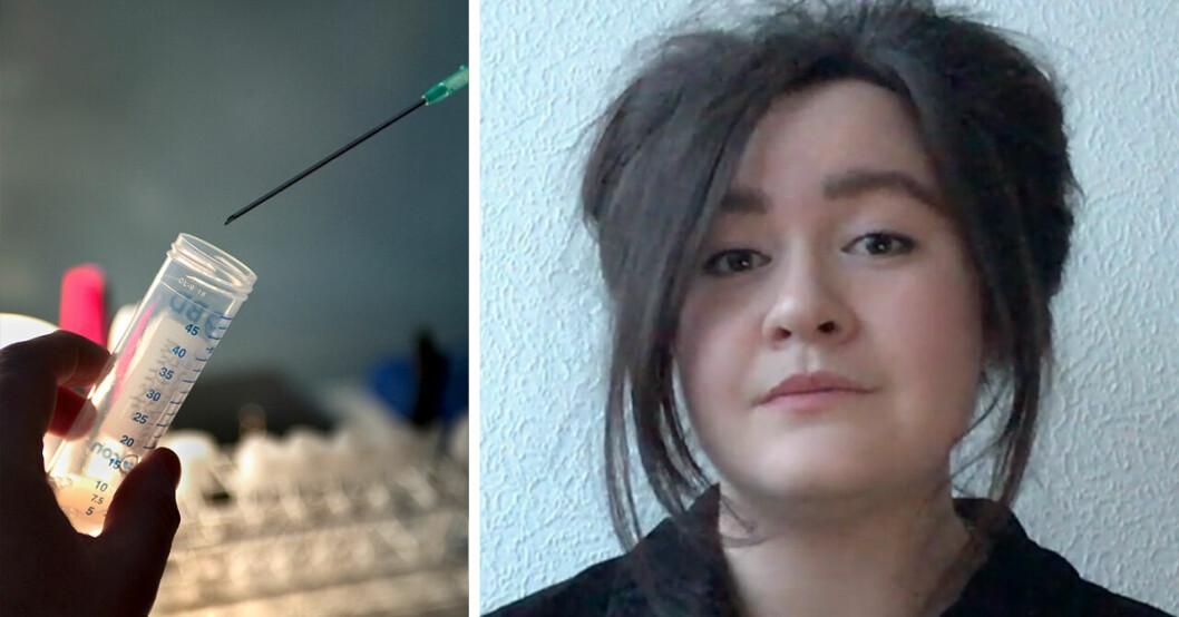 Sperma i ett provrör och Leontine Olsbjörk till höger.
