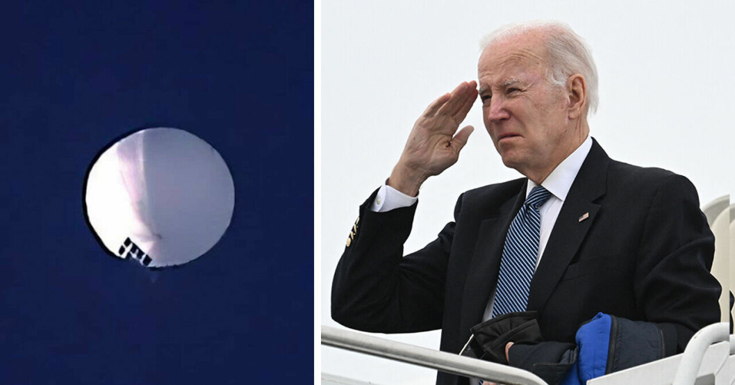Den mystiska vita luftballongen som har färdats över USA de senaste dagarna och president Joe Biden till höger.