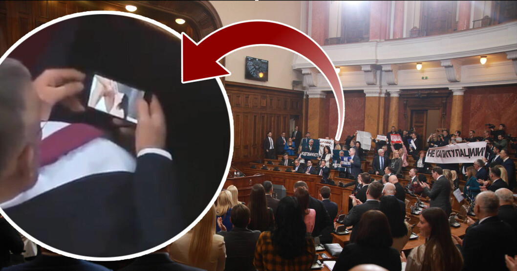 Zvonimir Stevic, 65, tittar på porr i parlementet samtidigt som president Aleksandar Vucic håller ett viktigt tal.