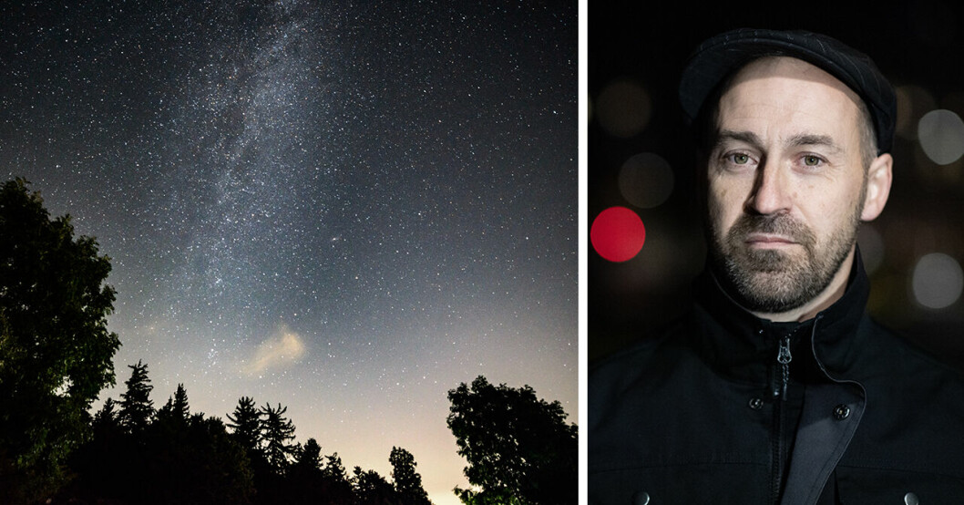Ett stjärnhimmel och Johan Eklöf till höger.