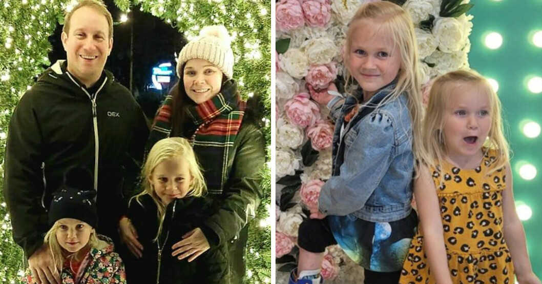 Grace Akerman med mamma Hayley Cremen och pappa och syster. Till höger syns hon tillsammans med lillasyster.