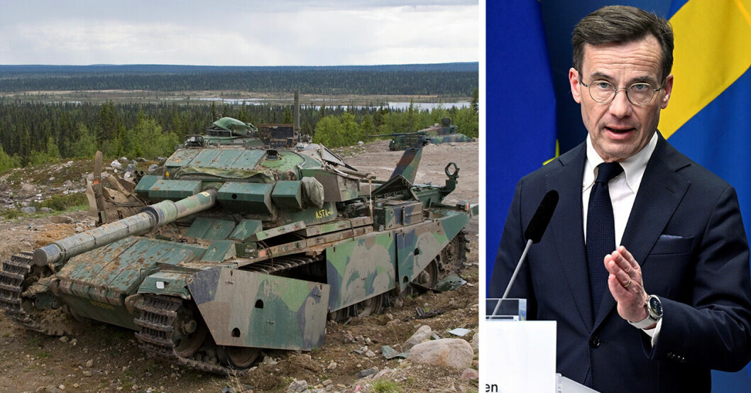 En stridsvagn till vänster och statsminister Ulf Kristersson till höger.