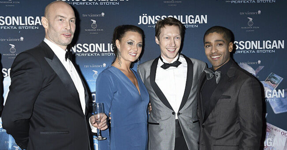 Susanne Thorson, som spelade Rocky, på premiären av Jönssonligan – den perfekta stöten 2015. Här tillsammans med resten av ligan; Torkel Peterson (Dynamit-Harry), Simon J. Berger (Charles-Ingvar Jönsson) och Alexander Karim (Vanheden). Jönssonligan – Den perfekta stöden
