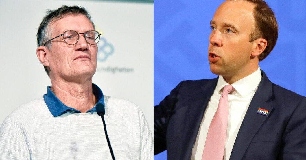 Sveriges statsepidemiolog Anders Tegnell och Storbritanniens tidigare hälsominister Matt Hancock. Arkivbilder. Granskning: Sverige var "fiendens högkvarter"