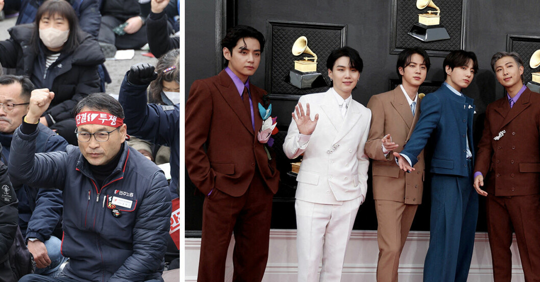 Sydkoreaner som strejkar och k-popbandet BTS.