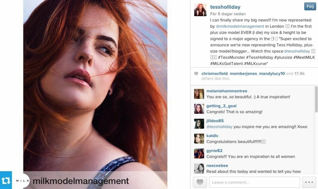 Tess meddelade att hon blivit signad på sin Facebook. Via: <a href="http://instagram.com/tessholliday/?utm_source=partner&utm_medium=embed&utm_campaign=photo" target="_blank">Instagram</a> Tess meddelade att hon blivit signad på sin Facebook. Via: Facebook
