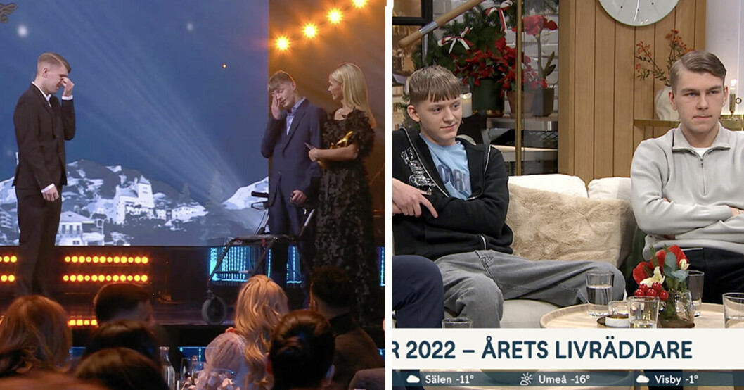 Årets livräddare Theo Larsson och Alvin Andersson med sin rullator på scen bredvid Kristin Kaspersen. Till höger sitter de i Nyhetsmorgons soffa.