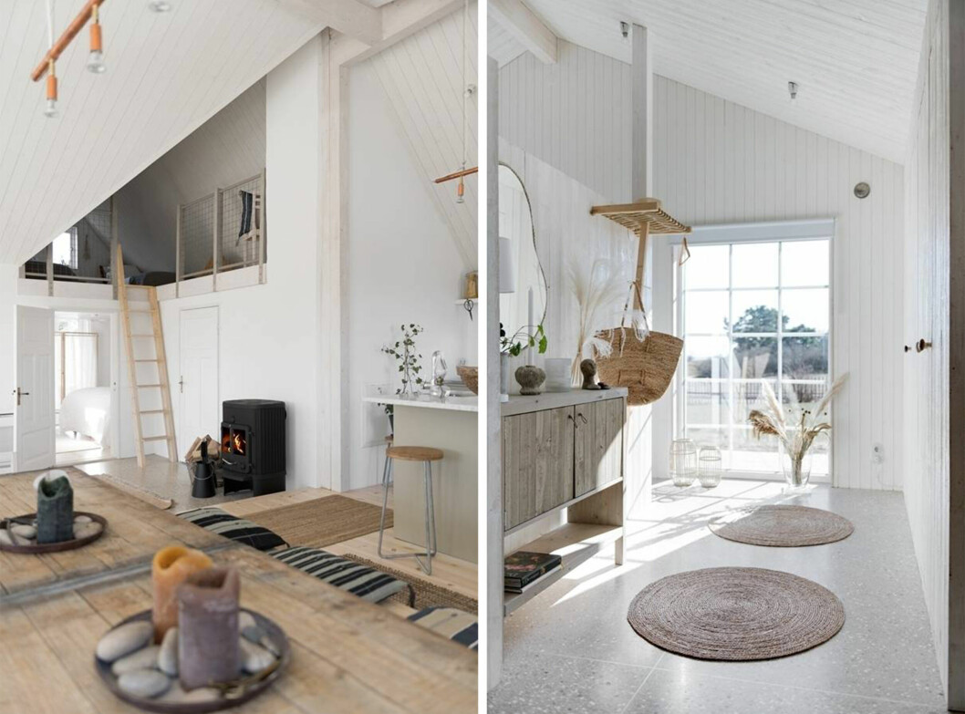 Till vänster: Loftstegen i hörnet leder upp till ett sovutrymme. Perfekt för övernattande gäster.<br>Till höger: Ljus och fräsch hall med stort fönster för maximalt ljusinsläpp. Till vänster: Loftstegen i hörnet leder upp till ett sovutrymme. Perfekt för övernattande gäster.
Till höger: Ljus och fräsch hall med stort fönster för maximalt ljusinsläpp.