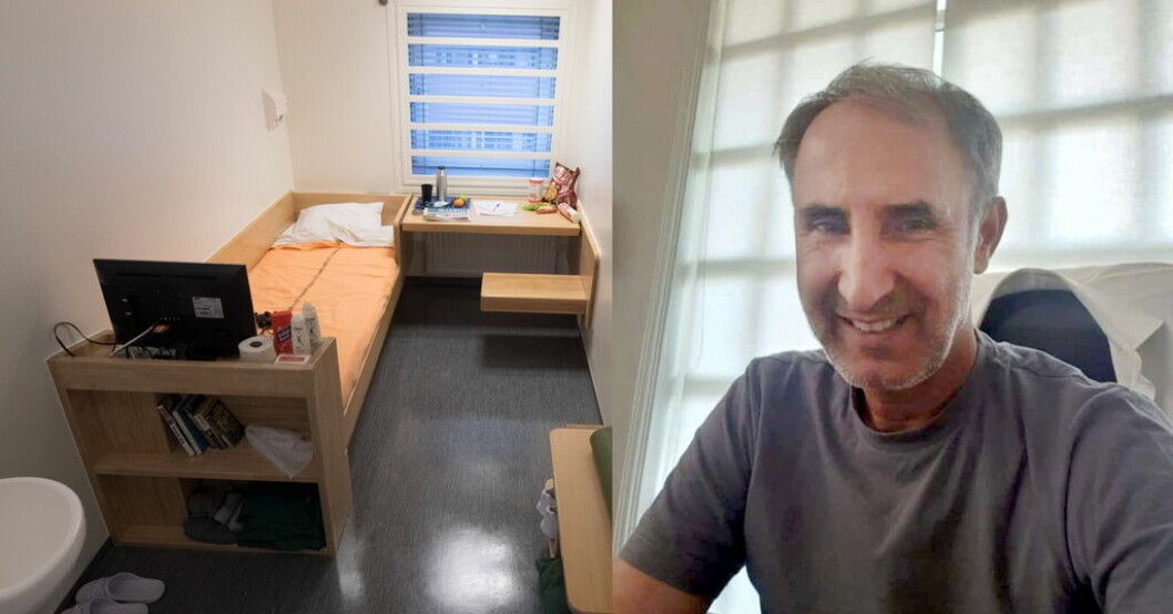 Till vänster en cell på Kronobergshäktet i Stockholm. Bild på den livstidsdömde Hamid Noury från polisens förundersökning. Arkivbild. Isolerad i 1 270 dagar: "Behandlas som ett djur"