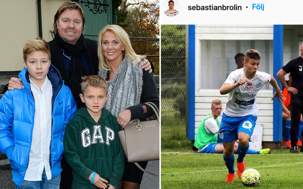Tomas Brolin med sin son Sebastian och makan Marielle Larsson med hennes son Rasmus. Bilden togs i samband med Charlotte Perrellis och Anders Jensens son Adrian Romeos dop i Djursholms kapell 2013. Till höger syns Sebastian i aktion på fotbollsplanen som vuxen.