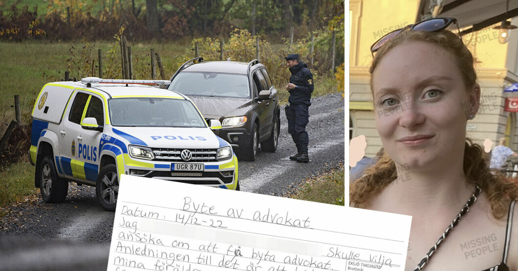 En polisbil och en polisman under sökinsatsen efter Tove. I mitten kvinnans brev och till höger mördade Tove.