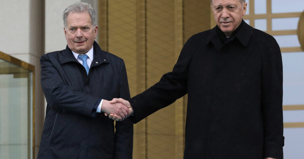 Finlands president Sauli Niinistö till vänster, och Turkiets dito Recep Tayyip Erdogan. Turkiet: Ja till Finland – nej till Sverige