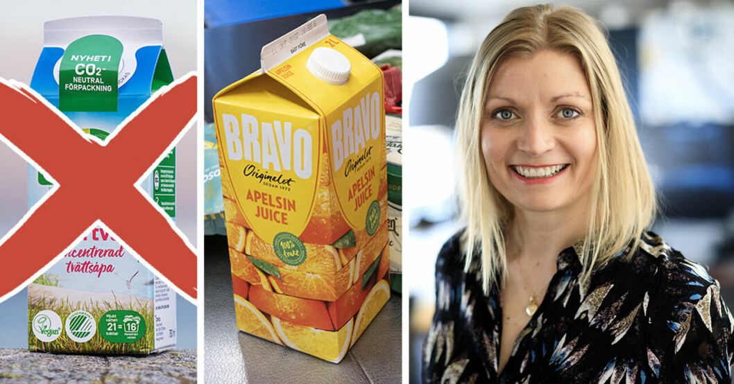 Grumme tvättmedel med ett kryss över, ett juicepaket och Sara Paulsson på Orkla som äger Grumme.