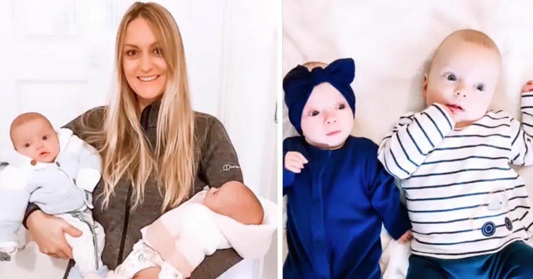 Rebecca Roberts håller sina tvillingar i famnen. Till höger ligger de bredvid varandra och man ser den tydliga storleksskillnaden.