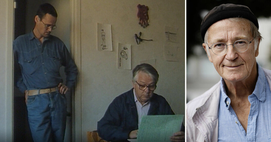 Ulf Olsson (till vänster) hade teckningar föreställande mördade Helén och Jannica på väggen när kronofogden Bror Carlsson gästade honom 1993. Till höger dokumentärfilmaren Tom Alandh. Ulf Olsson, Bror Carlsson och Tom Alandh.