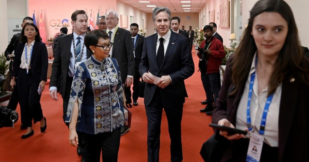 USA:s utrikesminister Antony Blinken och Indonesiens utrikesminister Retno Marsudi under torsdagens G20-möte. G20-mötet slutade i splittring om Ukraina