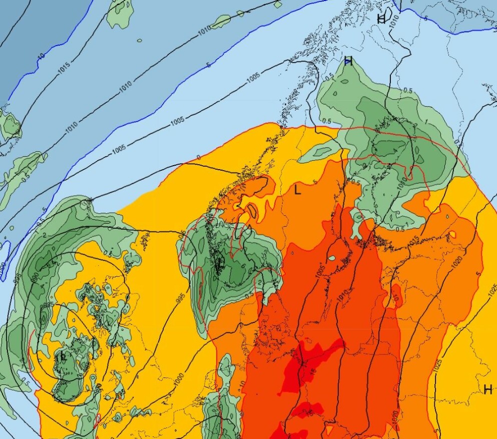 Det röda-oranga illustrerar värmen som kommer upp på måndag. Det röda-oranga illustrerar värmen som kommer upp på måndag.