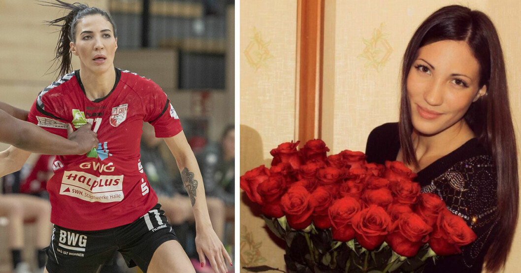 Victoria Divak i handbollströja och med röda rosor till höger.