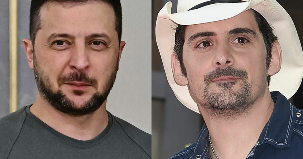 Volodymyr Zelenskyj och Brad Paisley. Montage/arkivbild. Zelenskyj på Brad Paisley-singel