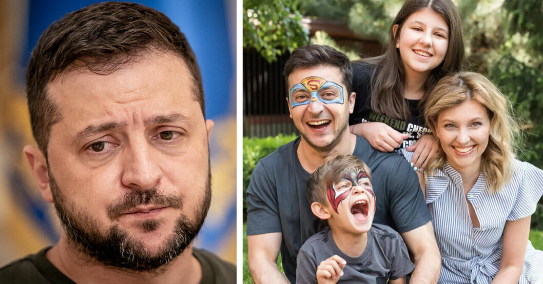 Volodymyr Zelenskyj och Volodymyr Zelenskyj tillsammans med frun Olena Zelenska och barnen Aleksandra och Kiril till höger.