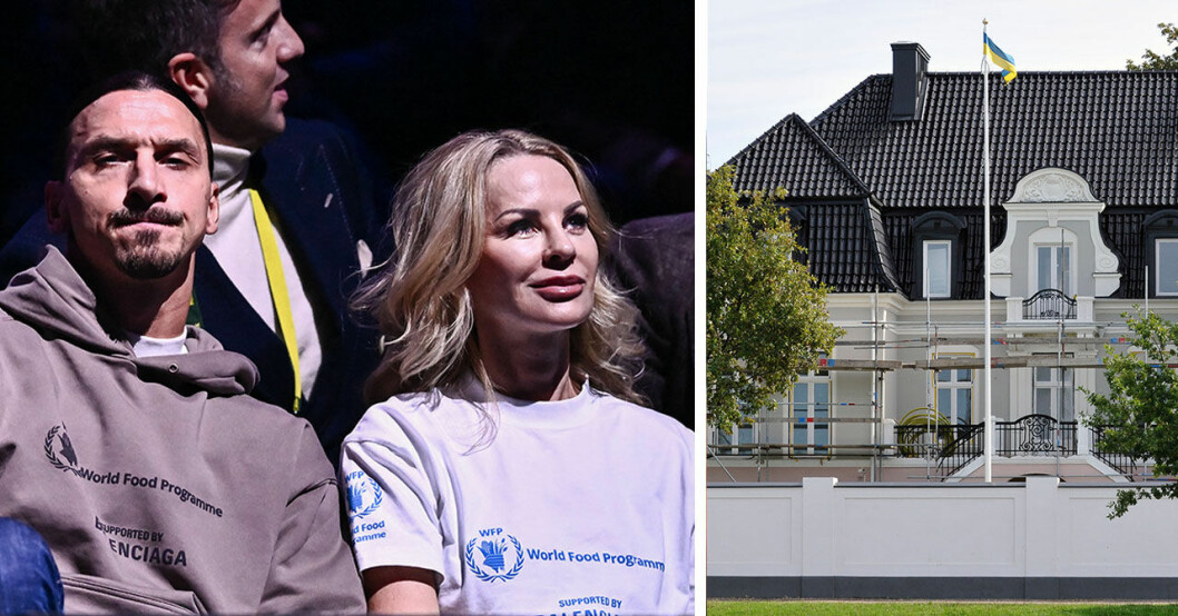 Zlatan Ibrahimovic och Helena Seger och till höger syns deras gamla lyxvilla.